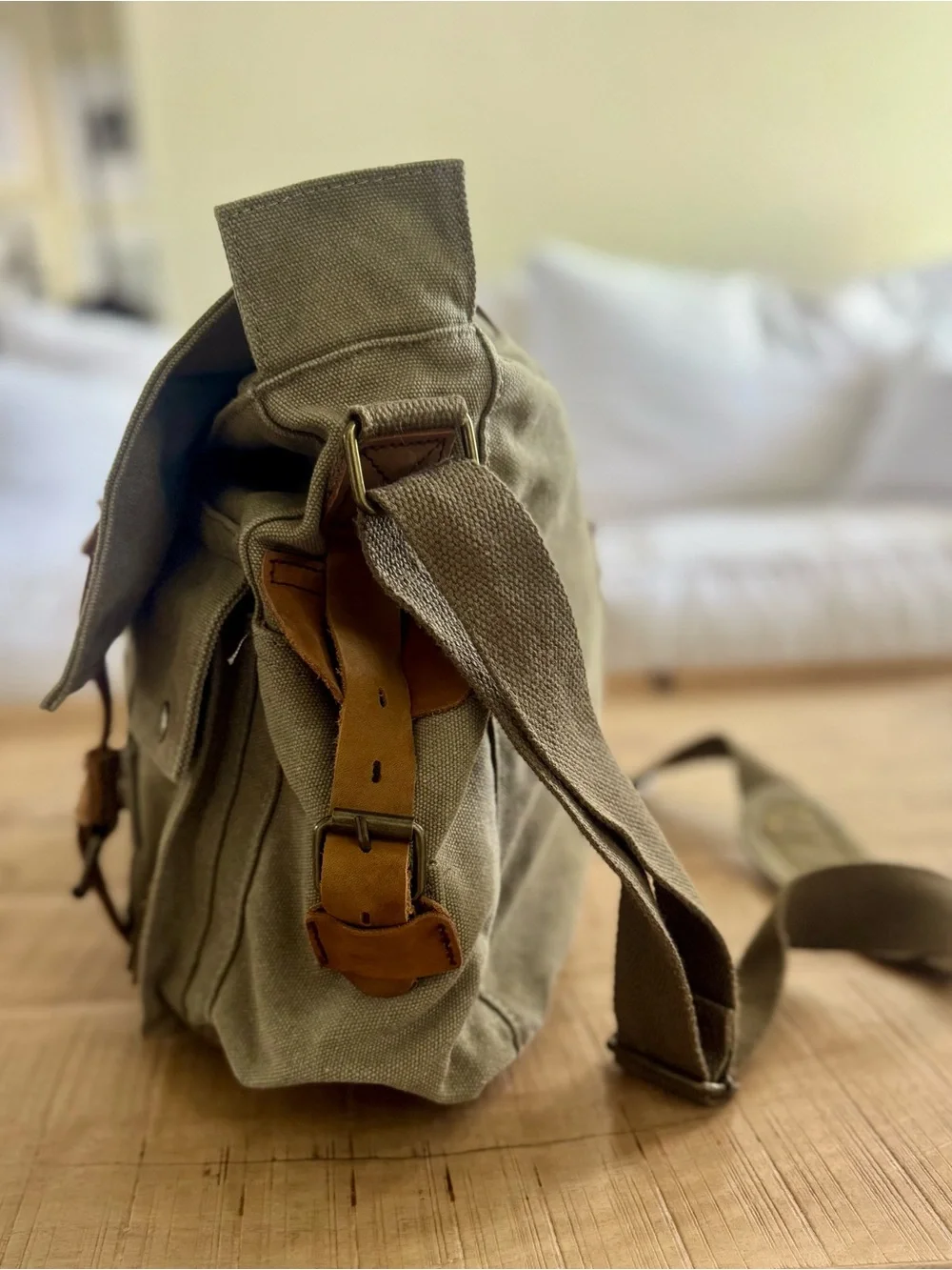 New Canvas Messenger Bag with Leather Straps - Olive army green khaki unisex